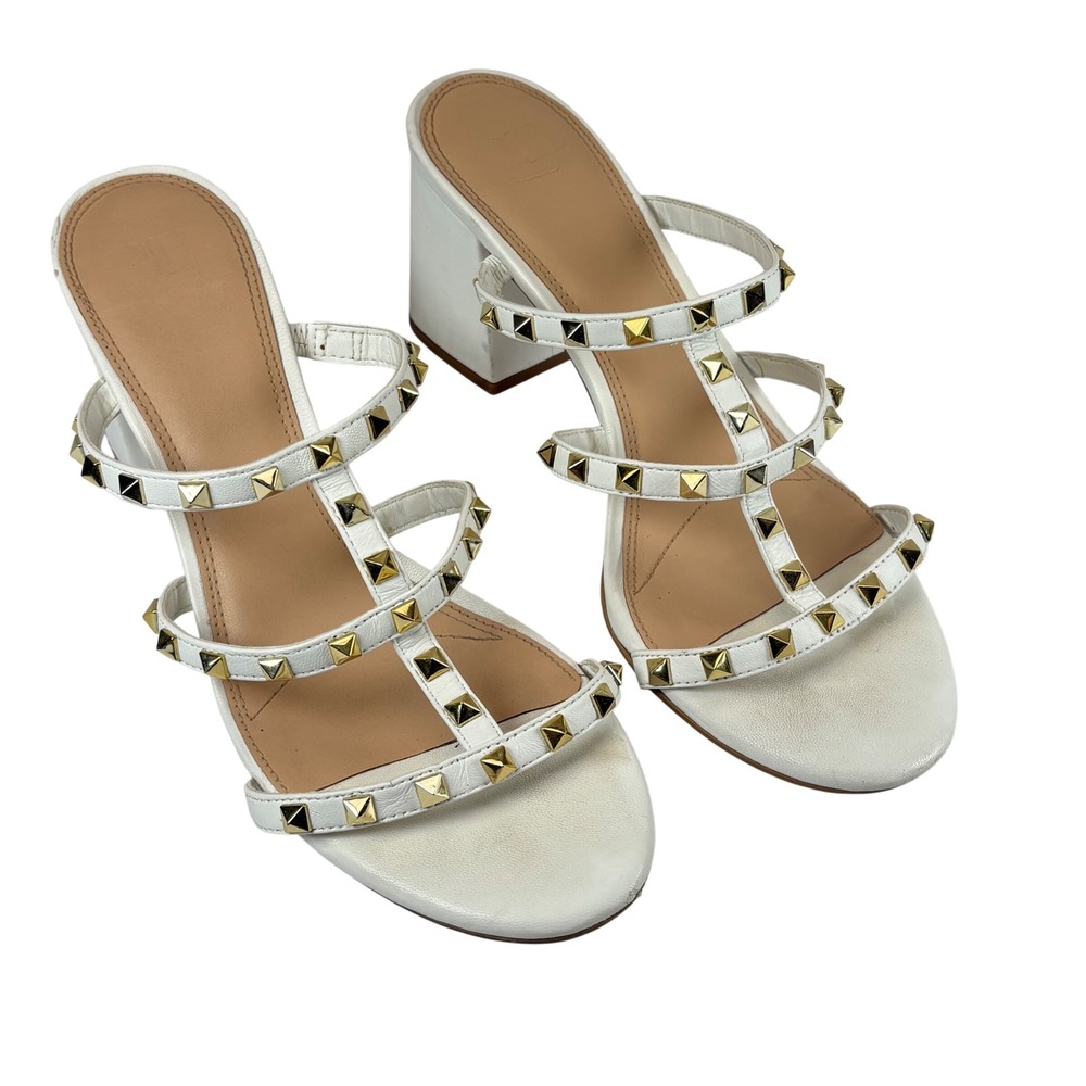 GB Level Uppp Sandals Women 10 White Gold Studded Block Heel Strappy Edgy Glam